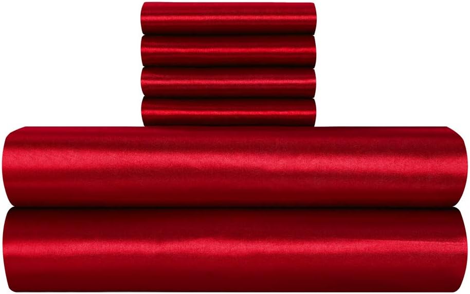 AiMay 6 Piece Satin Bedding Sheet Pillowcase Sets Deep Pocket Luxury Rich Silk Silky Super Soft Solid Color Reversible Sexy Honeymoon Stain-Resistant Wrinkle Free (Queen, Burgundy: Kitchen & Dining