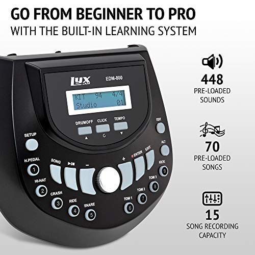 LyxJam 8Piece Electronic Drum Kit, Drum Set with Real Mesh Fabric, 448 Preloaded Sounds, 70
