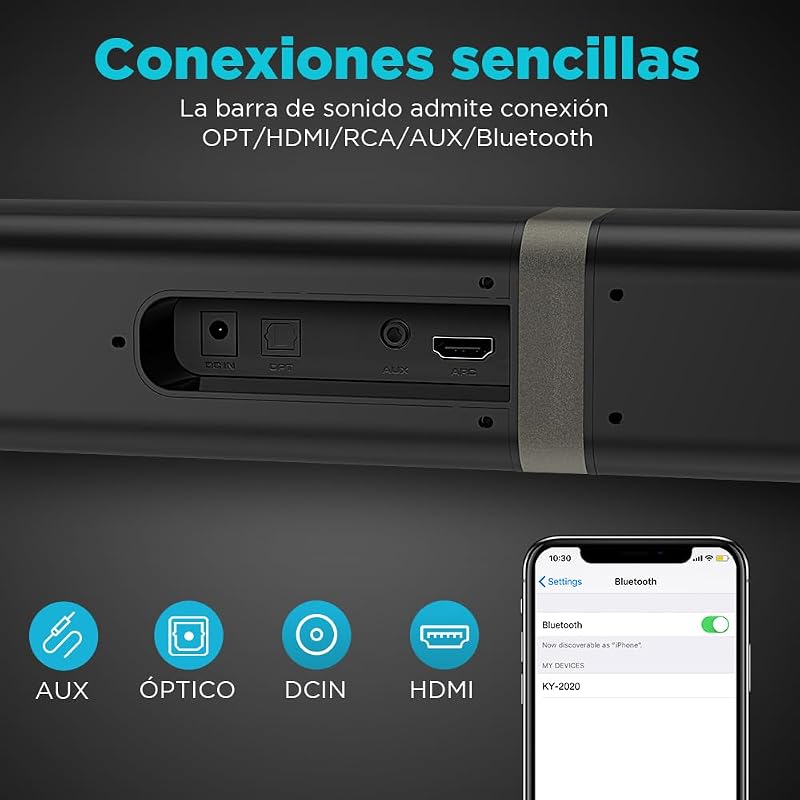 Barra de som de TV 2.0, barra de som separável 2 em 1 de 32 polegadas para dispositivos TV com 3 modos de equalização e 3 sons surround, ARC/Óptico/AUX, 1pcs — foto 6 de 8