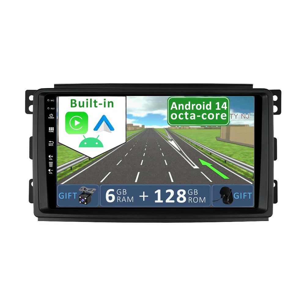 YUNTX [6GB+128GB] Android 14 2 Din Car Stereo Fit for Benz Smart fortwo 451 (2005-2010)-[Built-in Wireless CarPlay/Android Auto/DSP/GPS]-9 inch IPS Touch screen-Free CAM+MIC-DAB/AHD Camera/Bluetooth