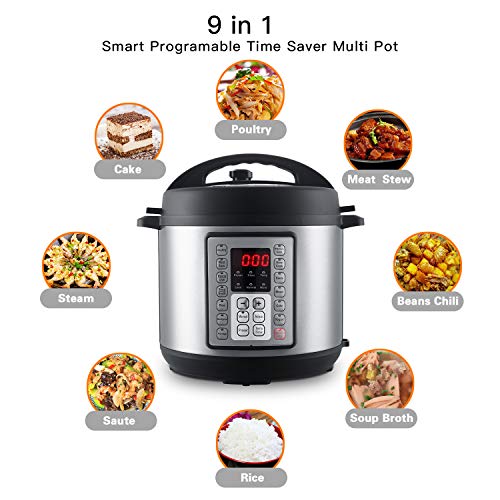 Electric Pressure Cooker 6 Quart(2-6 person),9 in 1 Crock Pot Pressure Cooker in Multipurpose, 14 Programmable with Stainless Steel Inner Pot,Slow Cook,Saute,Steamer,Cake Maker,Rice Cook and et.