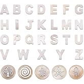 Fashewelry 36Pcs Natural Freshwater Shell Alphabet Letter A-Z Mother of Pearl Shell Top Drilled Charms with Patterned Flat Round Spacer Beads for Initial Jewelry Making DIY Crafts