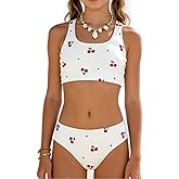 Luckydora Girl's Cherry Print Bikini Set Scoop Neck Crop Tank Two Piece Summer Swimwear Cute Bathing Suit Beach Outfit
