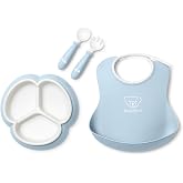 BabyBj&ouml;rn Mealtime Set, 4 pc, Powder blue | Includes Baby Plate, Baby Fork, Baby Spoon, and Baby Cup | Dishwasher Safe | Toddler feeding set for self-feeding or baby-led weaning