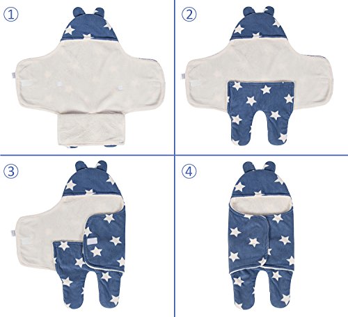 Baby Swaddle Blanket Sleep Sack, Thick Fleece Swaddling Blankets Seperated Legs Soft Warm For Bath, Air-conditioned, Autumn, Winter with Velcro, Cute Bear Ear Hood - Thumbnail 2