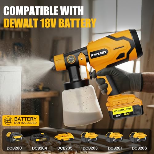 RAYLEEY Cordless Paint Sprayer Compatible with DEWALT 18V Battery, 600W Electric HVLP Spray Gun, 1000ml Container, 3 Copper Nozzles, for Fences, Walls, Ceiling, Cabinets, Tool Only (Style A)