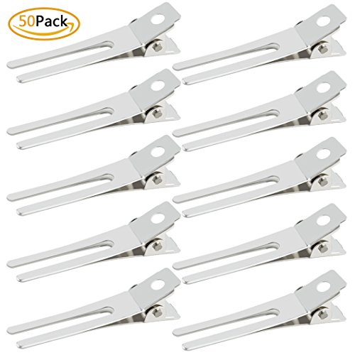 50pcs Hairdressing Double Prong Curl Clips, Wobe 1.8" Setting Section Hair Clips Metal Alligator Hairpins for Bow Great Pin Clip, Styling Salon, Barber (Silver)