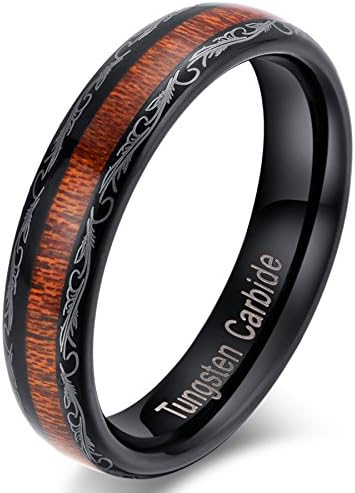 Mens Womens 5mm Black Tungsten Carbide Ring Vintage KOA Wood Thin Wedding Engagement Band Grain Lasered Comfort Fit