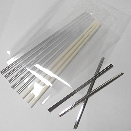 100pcs x (6" Lollipop Sticks + 3"x5" Bags + Silver Twist Ties + 5 free Clear sticks) for Cake Pops Lollipop Candy (Silver Ties) - Thumbnail 2