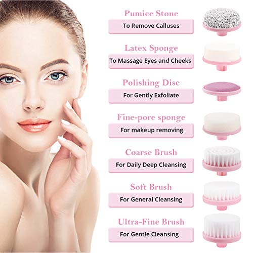 Electric Facial Cleansing Brush 7 in 1, Skin Spin face Brush for Deep Cleaning, Gentle Exfoliating, Blackhead Removing, Pearl Pink, Battery Operated