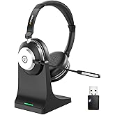 Wireless Headset with Mic for Work, Bluetooth Headset with Microphone (Noise Cancelling & Mute Button), Wireless Headphones with Mic for Work from Home/Office/PC/Call Center/Computer/Laptop/Teams/Zoom