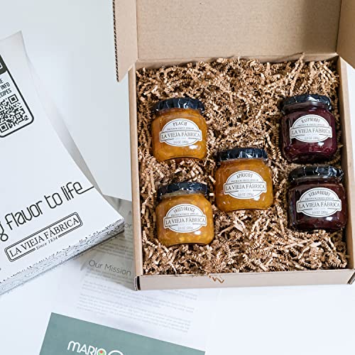 LA VIEJA FABRICA FRUIT SPREAD GIFT BOX – INCLUDES SWEET ORANGE, PEACH, APRICOT, RASPBERRY & STRAWBERRY JAM – 9.9 OZ (5 JARS)