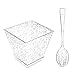 I00000 100 Pack Small Plastic Dessert Cups with Mini Spoons Silver Glitter, Include 100 Pieces 2 Oz Disposable Square Cups and 100 Pieces Disposable Sliver Mini Spoons for Appetizers