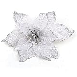 Zabrina 12 Pcs 5.11 in Christmas Tree Decorative Silk Flower Gold Poinsettia Bush and Red Poinsettia Bush Artificial Flowers Red Glitter Poinsettia Christmas Tree Ornaments (Sliver)