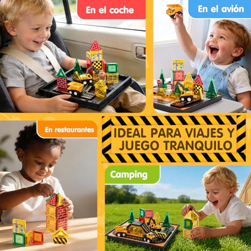 hahaland Construcciones Magnéticos de Viaje para Niños, 42 Piezas Bloques Magneticos Construccion Niños con Caja Portátil, Carreteras y Vehículos, Juego Montessori STEM para Niños 3 4 5 6 Años
