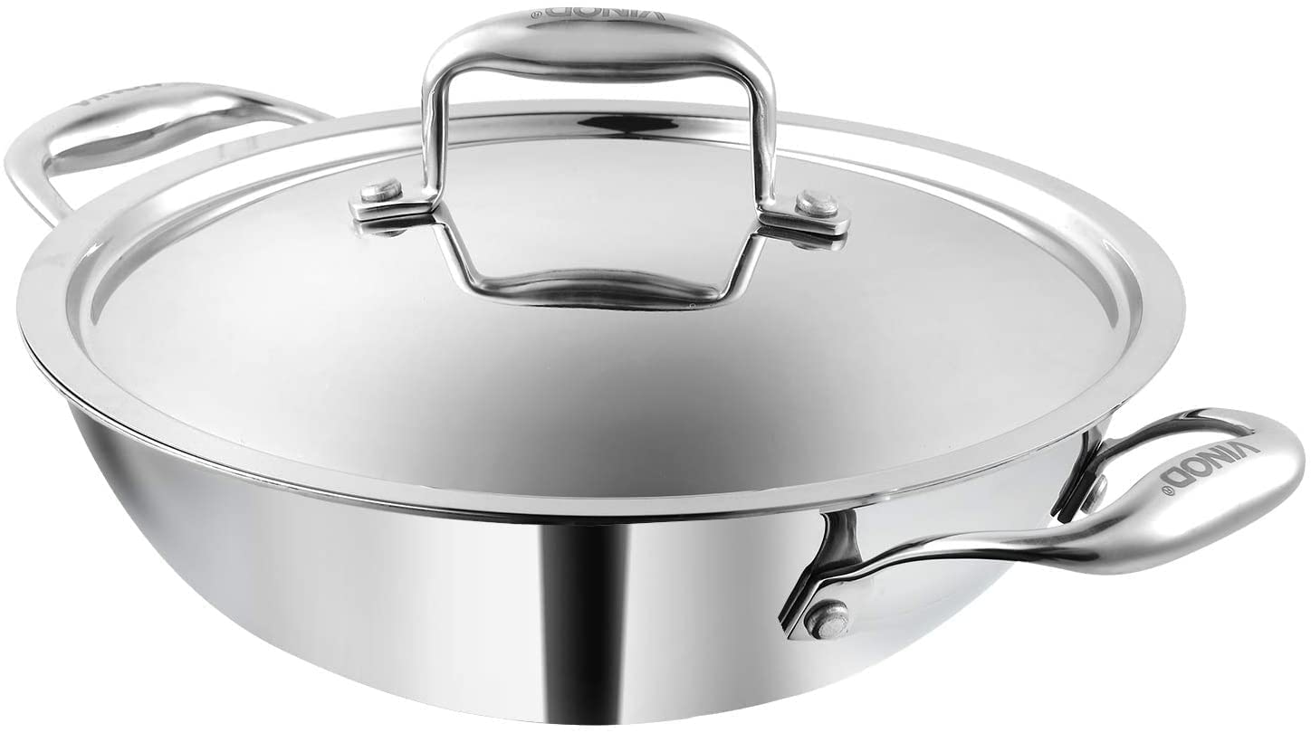 Vinod Kadai Wok Saucepan, Stainless Steel, Triple Layer, 18 cm Thick with Stainless Steel lid, 1.1 L