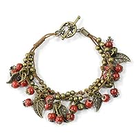 KALEFO Bohemian Style Beaded Bracelet Porcelain Vintage Style Bracelet with Metal Leaf Bracelet for Women - Red Cherry Beads