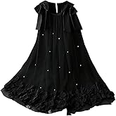 OYOANGLE Girl's Pearl Beaded Bow Sleeveless Flowy A Line Short Dress Mesh Floral Appliques Cute Party Dresses