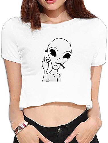 Women Short Sleeve Middle Finger Alien Round Neck Loose Crop Top T-Shirt