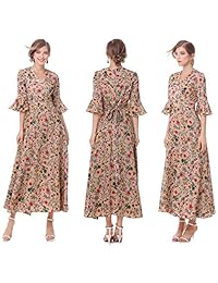 XINUO Vestido de verano para mujer, estilo casual, vestido largo con estampado floral, color marrón, vestido maxi con cuello en V