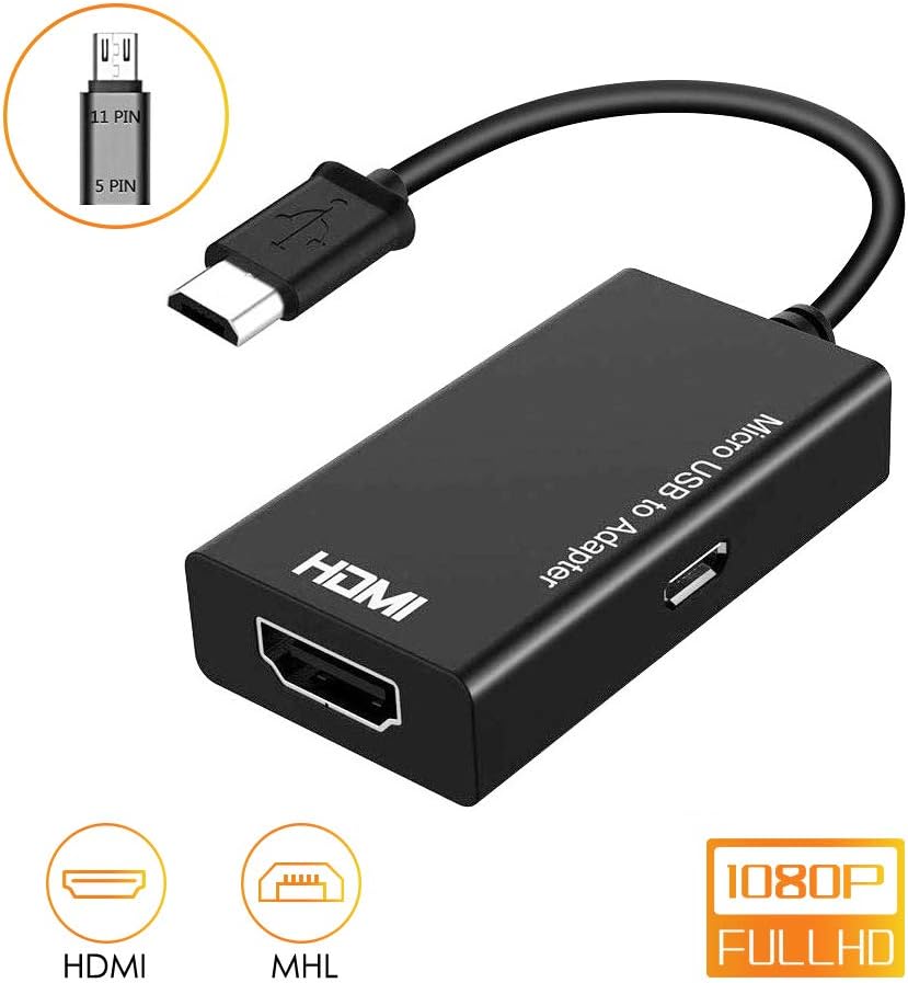 MHL to HDMI Converter, Micro USB to HDMI Adapter with Video and Audio Output Cable Compatible with MHL Smart Phone（Content 5pin-11pin connector） (Black)