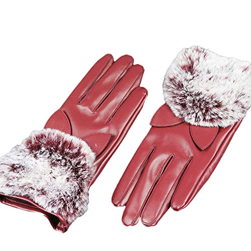 Pausseo Women Autumn Winter Imitation Leather Warm Gloves, Lady Bow Butterfly Touchscreen Mittens Fleece Thicken Plush Outdoor Mittens Students Knitted Wool Casual Solid Color Play Snow Glove
