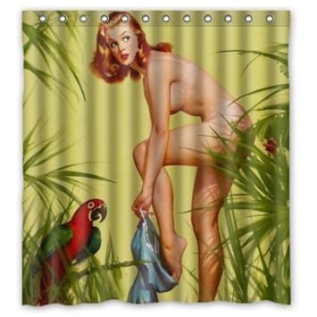 BBFhome Hem Gewichte Duschvorhang 180 x 180 cm Sexy Naked Pretty Girl Wearing - Vintage Retro Pin Up Girls Badezimmer-Körper-