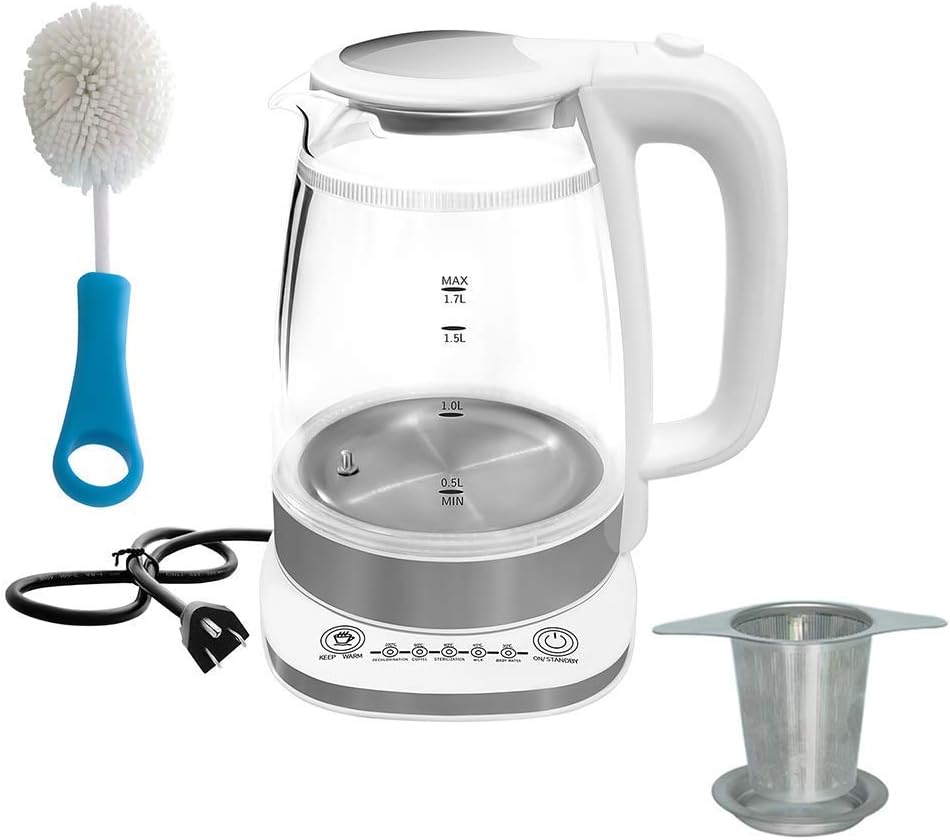 1.7L Glass Electric Tea Kettle - Fast Heating Glass Electric Kettle with Blue Led, Borosilicate Glass, Boil Dry Protection & Automatic Shutoff