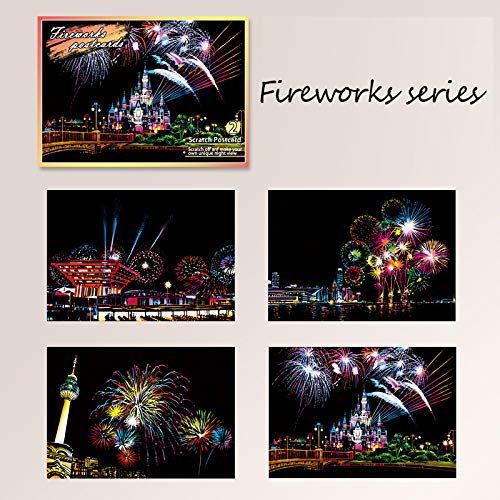 Scratch Art Paper(7.9"x 5.5") for Kids & Adults, Mini Scratch Off Art Night View Scratchboard, Painting Gift, Craft Kits : 2 Sheets Scratch Cards & Drawing Pen, Clean Brush (B)