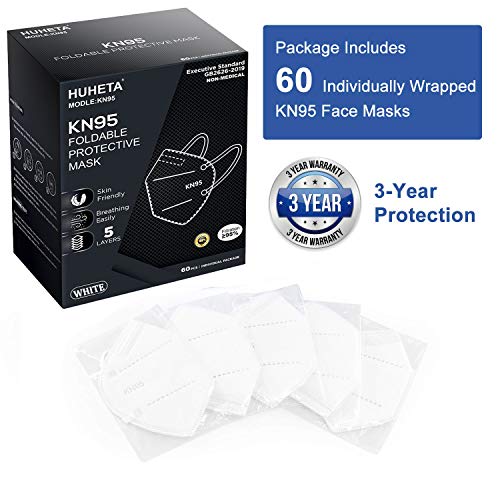 HUHETA KN95 Face Mask 60 Pack, 5Ply Breathable & Comfortable Safety