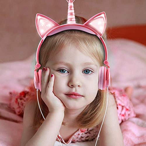 LOBKIN Cuffie unicorno per bambini/ragazze, orecchie di gatto luminose con LED, cuffie cablate regolabili con volume 85dB per tablet/giocattoli/PC/TV/telefono (rosa)