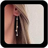 Erimberate Bohemian Pearl Drop Earrings Gold Pearl Dangle Earrings Long Pearl Tassel Chain Earrings Pearl Fringe Chandelier Earrings Jewelry for Women