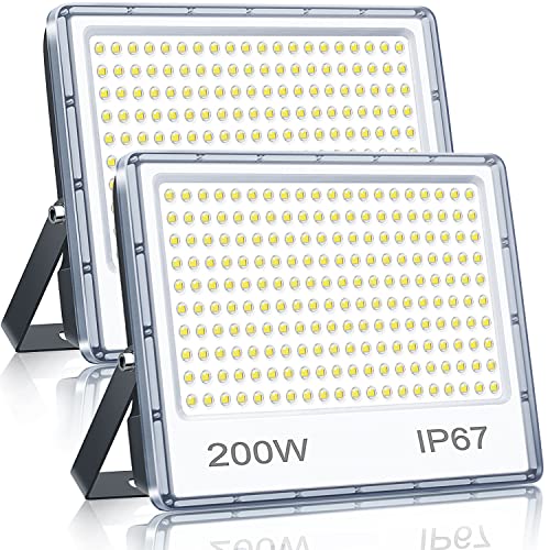 YIQIBRO 200W Outdoor LED Spotlights 2 Pieces, 20000LM 6500K Cool White Outdoor LED Lights with Transformer, IP67 Waterproof Projector for Garden, Terrace, Garage, Warehouse, Factory, Workshop