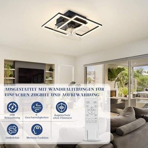 Homefire Ceiling Fan with Light - LED Lamp Fan Ceiling Silent and Remote Control Black 3000-6500K Dimmable Modern Ceiling Fans 6 Speeds DC Motor for Bedroom