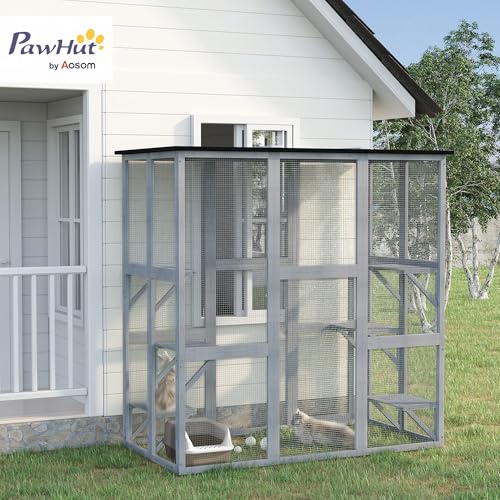 PawHut Outdoor Catio Cat Enclosure, Large Weatherproof Cat House with Asphalt Roof, 6 Jumping Platforms, Wooden Walk-in Kitty Cage for Multiple Kittens, 71" x 39" x 71", Grey