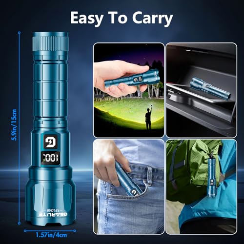 GEARLITE LED Rechargeable Torch, 3 Light Modes, 6000 L, Super Bright Zoomable Torches with LCD Battery Display, IP65 Waterproof & XHP70.2 Tactical Torch for Camping, Fishing, Emergencies (2, Blue)