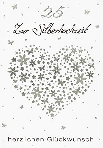 Perleberg - Unique Cards for Silver Wedding Anniversary with Heart Motif - Stylish Silver Wedding Card with Envelope in Silver - Elegant Card for Silver Wedding with Congratulations 11.6 x 16.6 cm