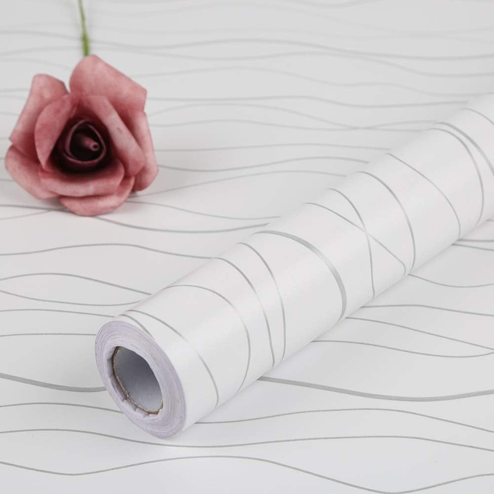 FENTIS White and Silver Stripe Wallpaper Self Adhesive Sticker Peel and Stick Contact Paper Waterproof and Oil-Proof Rolls for Wall Cabinet Bathroom Cupboard 44x500cm - Image 5