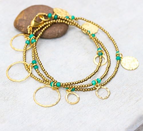 Metal Studio JewelryWrap bracelet green onyx faceted beads with gold 22k plated on brass beads,large golden texture disc and gold ring decoration