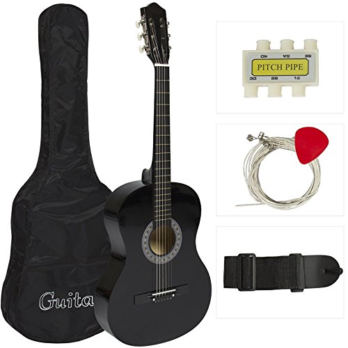 38" BLACK Acoustic Guitar Starters Beginner Package, Guitars, Gig Bag, Strap, Pitch Pipe Tuner, 2 Pick Guards, Extra String & DirectlyCheap Pick (BK-AG38) [Teacher Approved]
