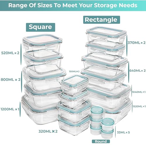 Razab 35 PC Glass Containers Food Storage with Lids - Reusable Glass Meal Prep Containers for Lunch and Leftovers - Airtight & Leakproof Snap Locking Lids - Oven, Freezer, Microwave, Dishwasher Safe