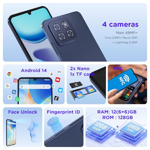 CWOWDEFU 2025 Android 14 Unlocked Cellphone, 12GB+128GB Expandable Mobile Phone Without Contract Smartphone,Octa Core 6.75 