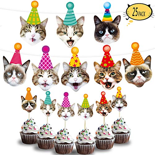 Cat Party Supplies Cat Birthday Garland Banner Cake Toppers Photographic Cat Faces Birthday Cake Banner Decorations Birthday Party Bunting Banner Decor - Thumbnail 7