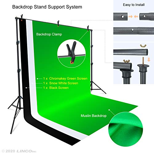 Linco-Lincostore-Photo-Video-Studio-Light-Kit-AM169-Including-3-Color-Backdrops-BlackWhiteGreen-Background-Screen