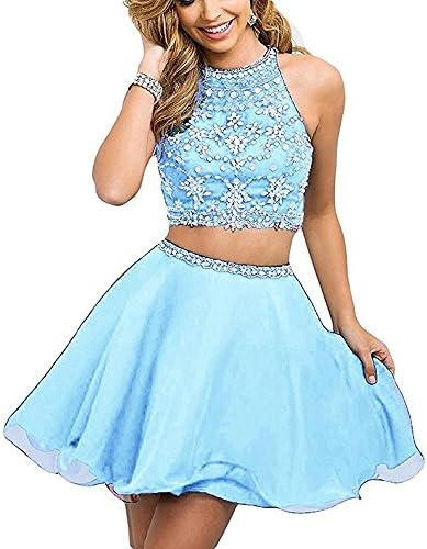 HEAR Women's Two Pieces Chiffon Homecoming Dresses Halter Beaded Rhinestone Short Prom Gown Open Back WWW666
