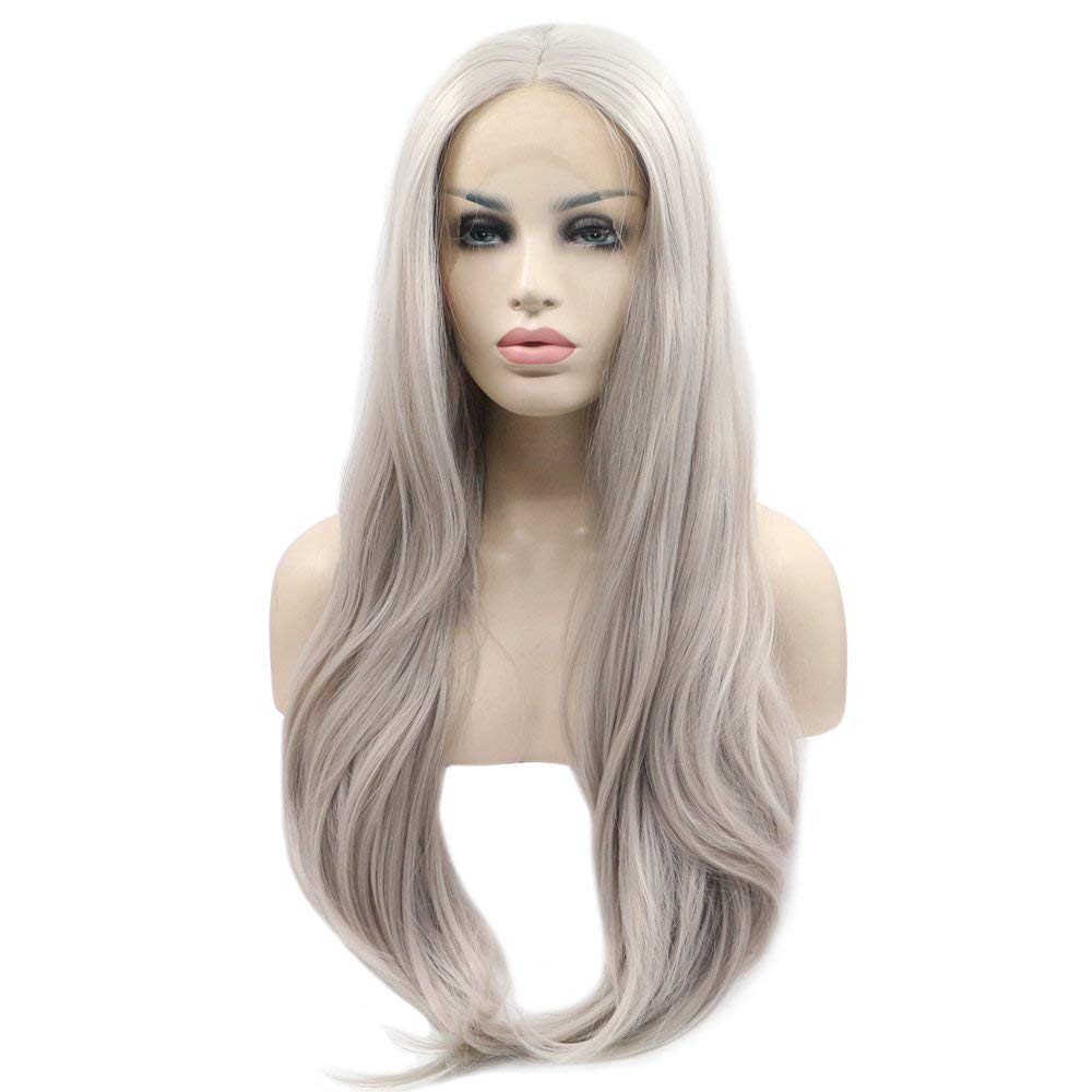 Xiweiya Long Grey Lace Front Wig Long Silver Blonde Synthetic Lace Front Wig 13x4 Lace Glueless Wig Heat Resistant Fiber Half Hand Tied Wig 180% Density Hair-replacement 26 inch for Women — image 1
