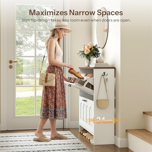 HOOBRO Flip Shoe Cabinet, Narrow Storage with Arch-Patterned Doors, Adjustable Shelves, Entryway Organizer for Hallway, Small Spaces, White and Walnut WH42SC01