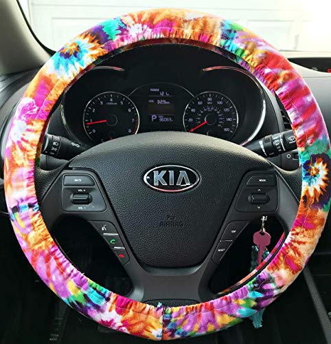 Steering Wheel Cover | Cute Steering Wheel Covers | Handmade Christmas Gifts | Tie Dye Pink Purple Orange Green Aqua Blue - Thumbnail 3
