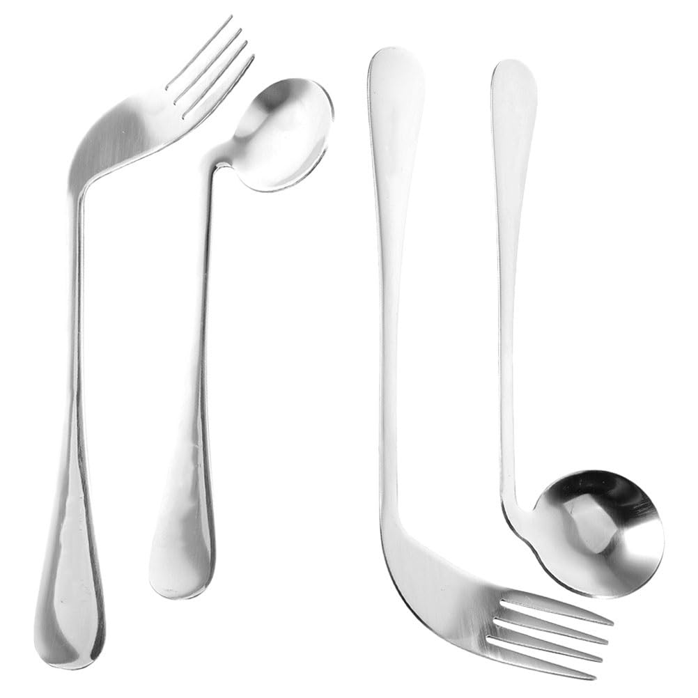 Adaptive Cutlery Set for Elderly and Disabled - Stainless Steel Curved Spoon and Fork Set, Easy Grip Feeding Utensils for Hand Tremors, Home Use, Silver