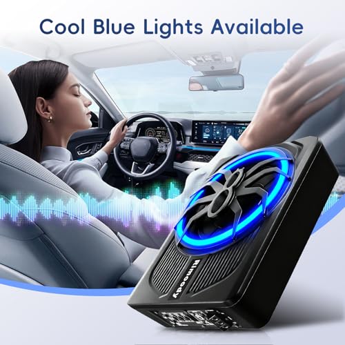 Rimoody Car Subwoofer, 10 Inch, 1000W Max, 400W RMS, Low Profile, Phase Control, 0-180°, Bass Boost 0-18dB, Under Seat Installation with LED Mood Lighting Blue